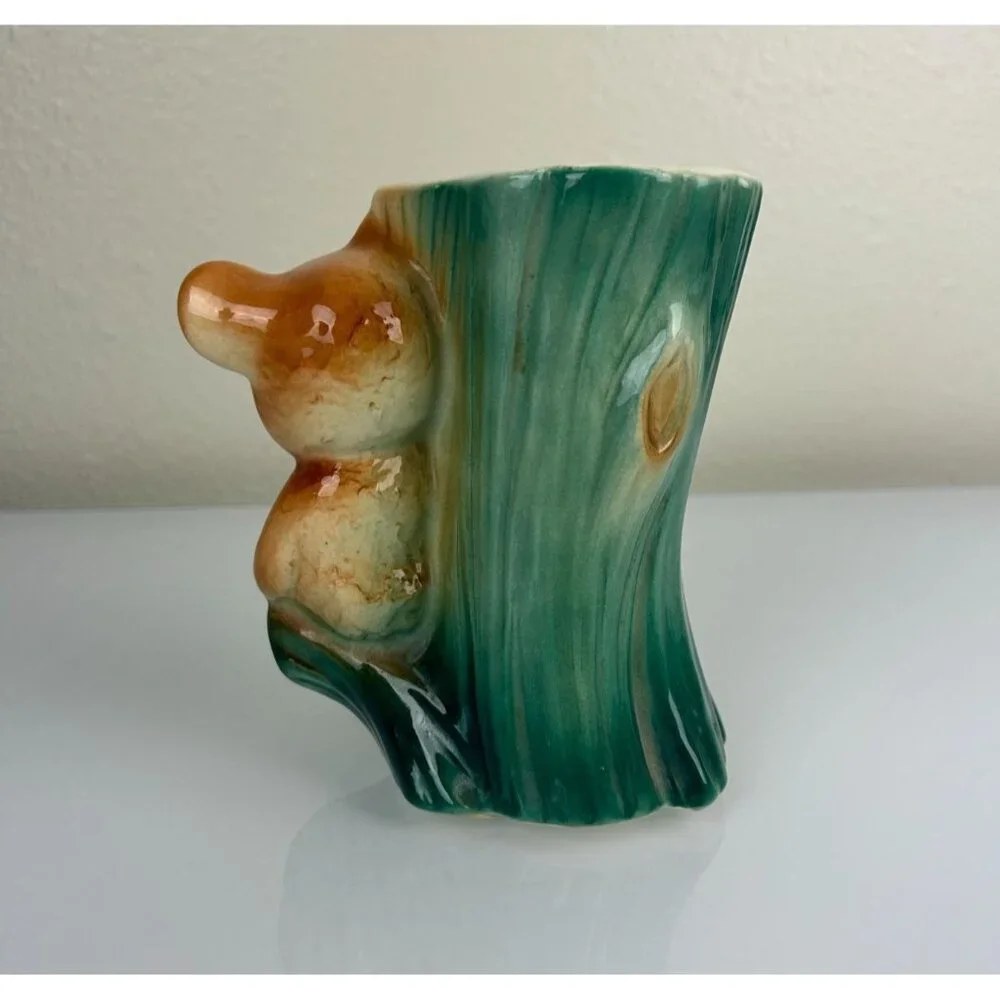 Vintage Royal Copley Bear & Tree Trunk Planter Vase Green Brown Animal Decor